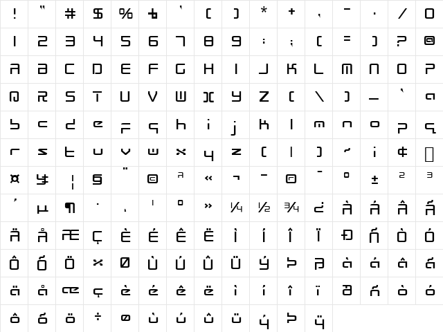 Radio Space Regular  glyph index