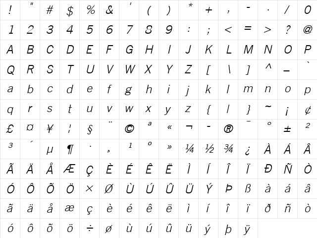 TradeGothic LT LightOblique Regular  glyph index