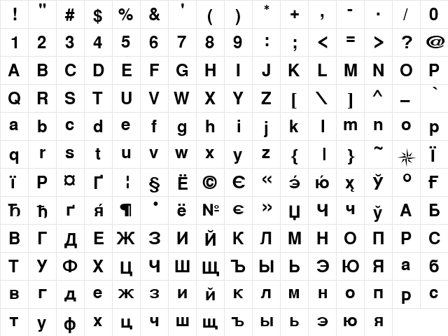 CyrillicHelvet Bold  glyph index