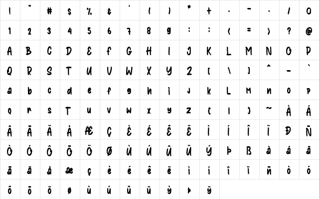 Sunkist Squash Regular  glyph index