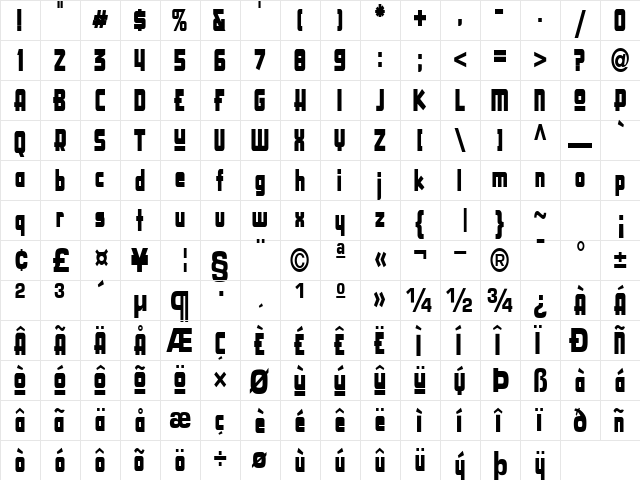 Creative Regular  glyph index