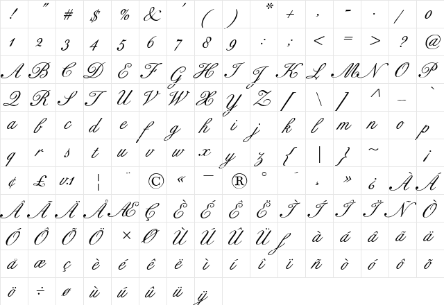 BixAntiqueScriptHmk Regular  glyph index