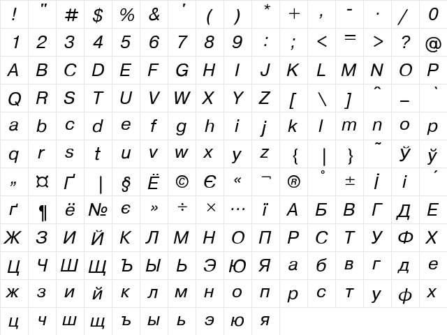 Pragmatica Italic  glyph index