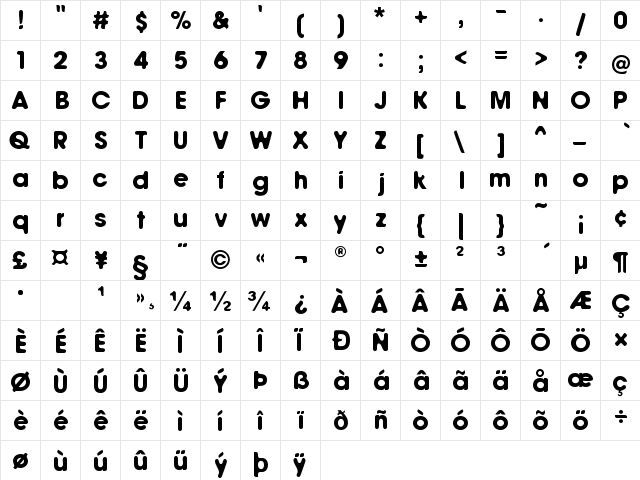 Llewie Regular  glyph index