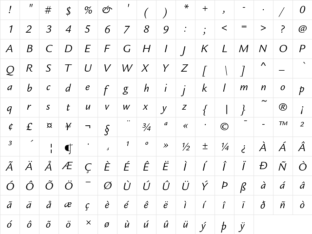 Legacy Sans ITC Book Italic  glyph index