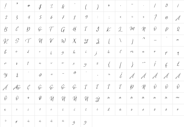 Lovely Rainy Regular  glyph index