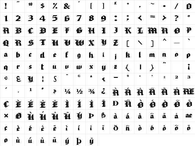 SherWoodFont99 Bold  glyph index