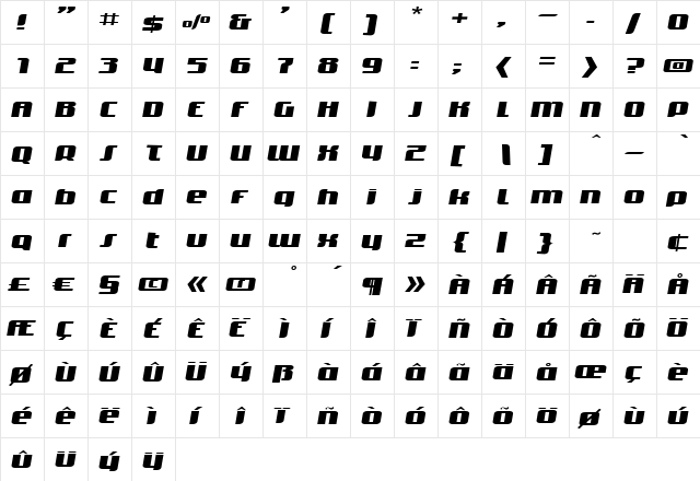 TransOblique Regular  glyph index