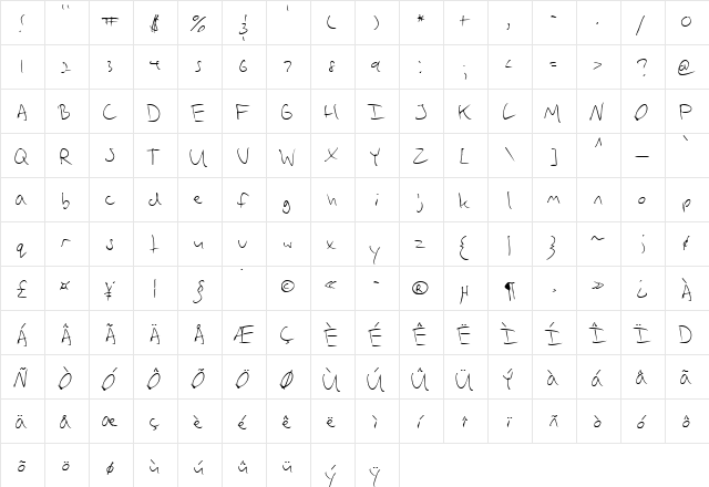 Vadim's Writing Regular  glyph index