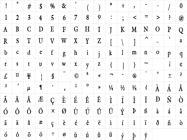 Galant-Condensed Bold  glyph index