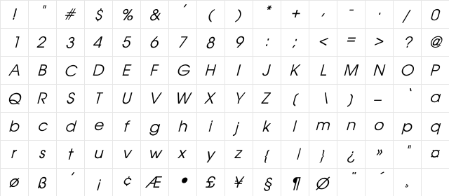 AvantGarde Italic  glyph index