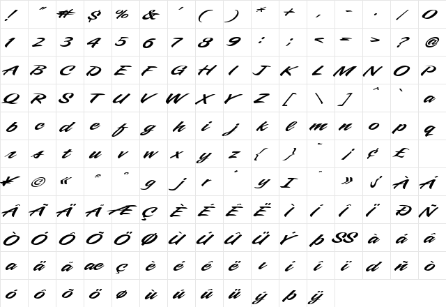 LHF Samster Script Regular  glyph index