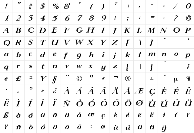 Lingwood-Serial BoldItalic  glyph index