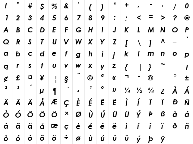 Century Gothic Bold Italic  glyph index