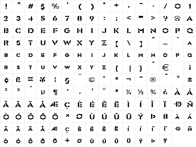 TemplettWide Normal  glyph index