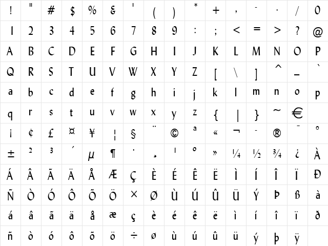 LyndaCondensed Normal  glyph index