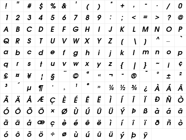 AvantGarde LT Book Bold Italic  glyph index