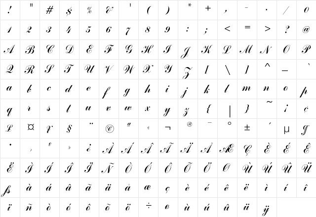 CommercialScriptEF Regular  glyph index