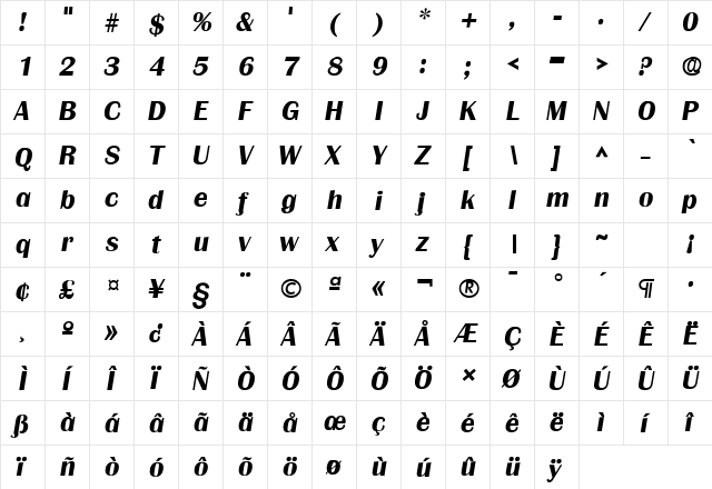 Grenoble SF Bold Italic  glyph index