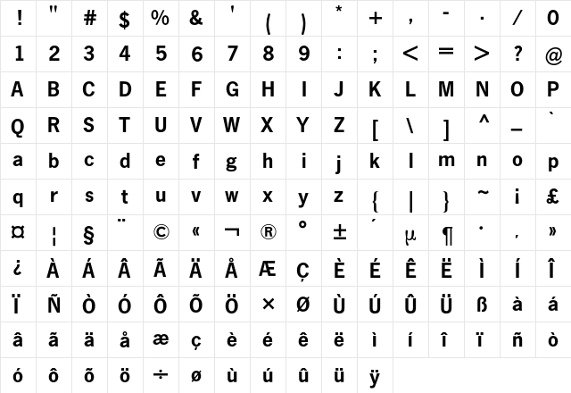 News Gothic BQ Regular  glyph index