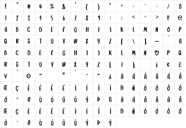 Amore Regular  glyph index