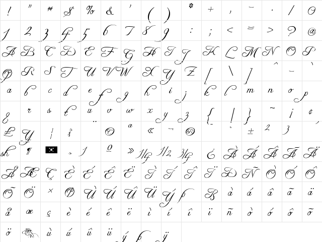 Freebooter Script Regular  glyph index
