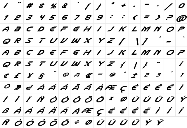 Mecha Italic Regular  glyph index