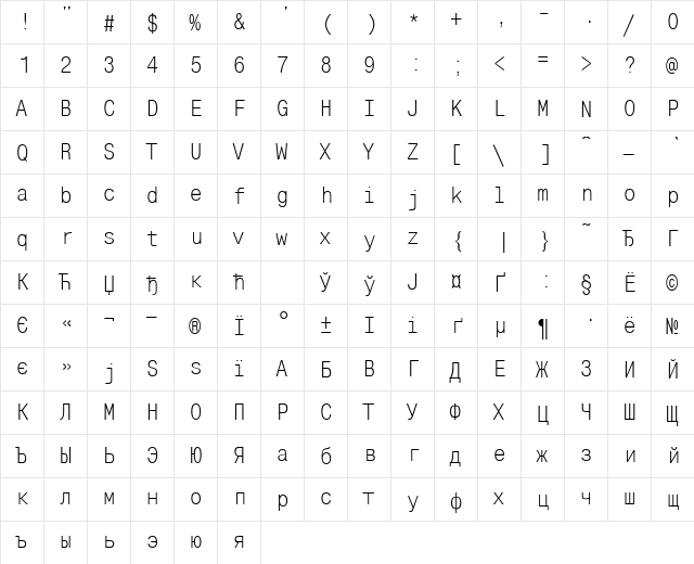 MonoCondencedDi Regular  glyph index