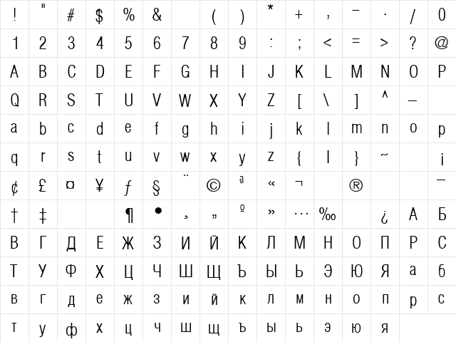 Helios-Cond-Light Regular  glyph index
