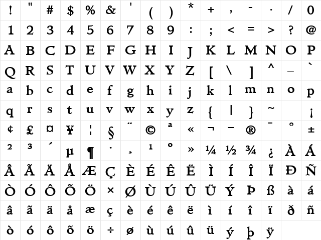 Pilgrim Bold  glyph index