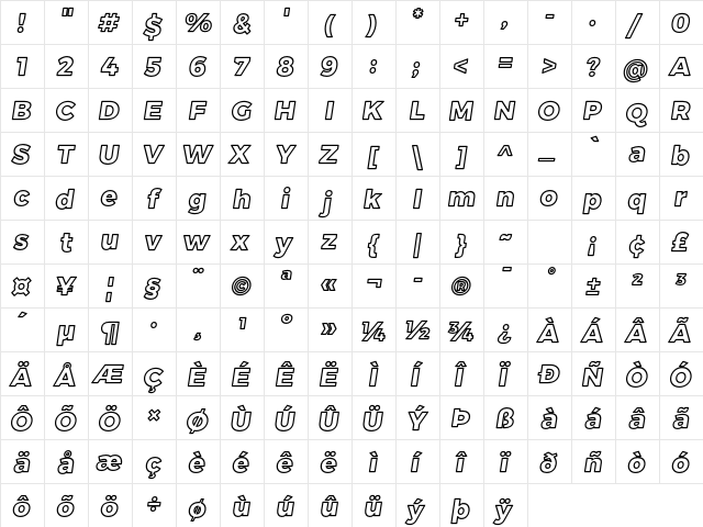 Trueno ExtraBold Outline Italic  glyph index