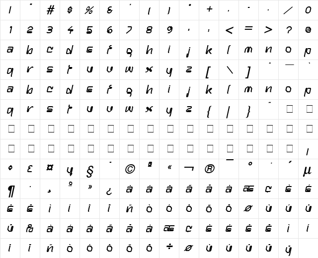 Hanger Bold Italic  glyph index