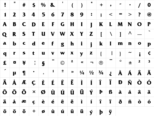 Friz Quadrata Bold  glyph index