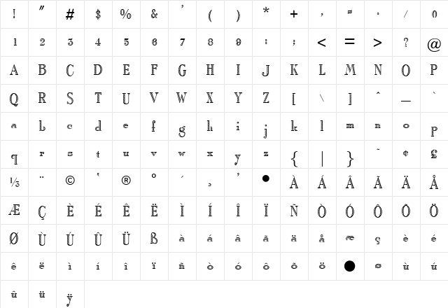 OPTIRomanC Regular  glyph index