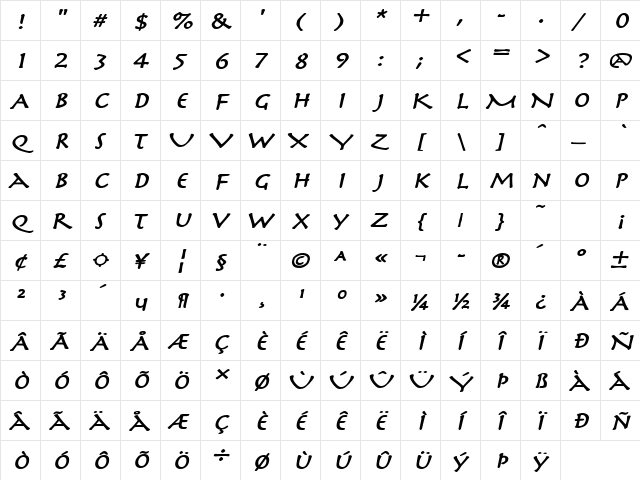 MythologyWide BoldItalic  glyph index