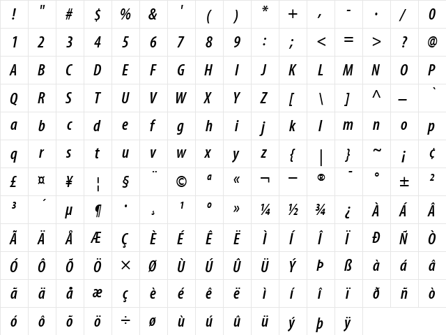 MyriadCn-SemiBold Semi BoldItalic  glyph index