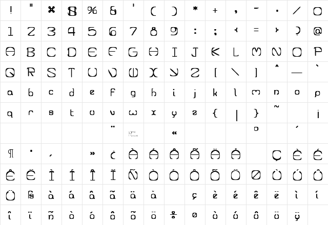 ZirkStressed Regular  glyph index