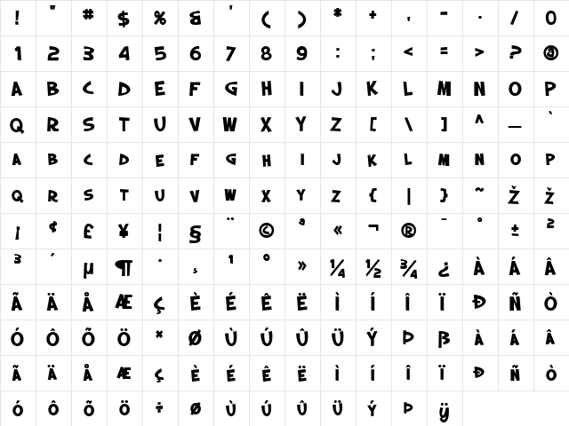 SF Slapstick Comic SC Bold  glyph index