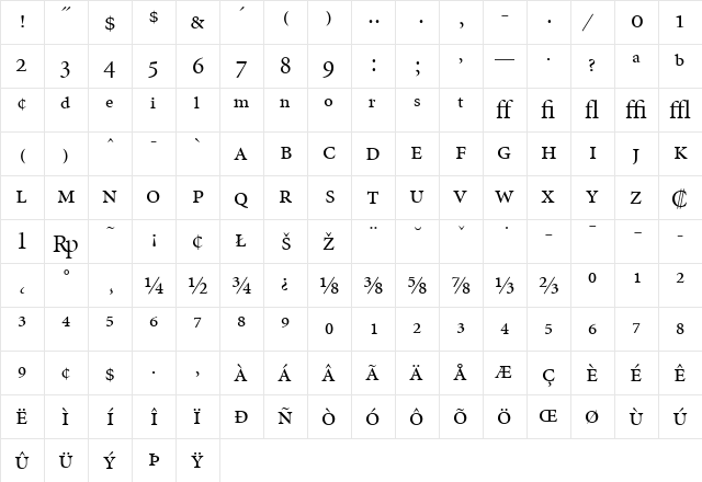 Minion Expert Display Regular  glyph index