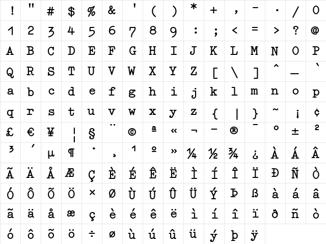 Elementa Bold  glyph index