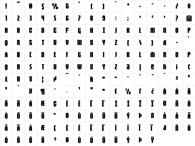 Valiant Times Expanded Regular  glyph index