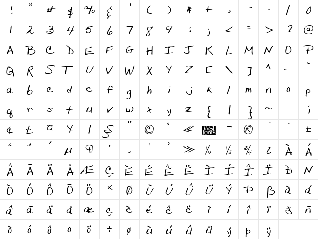 TriciasHand Regular  glyph index