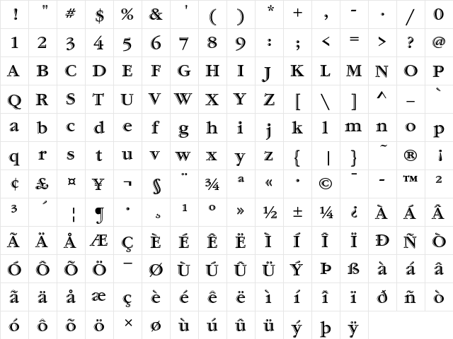 Garamond Handtooled ITC Regular  glyph index