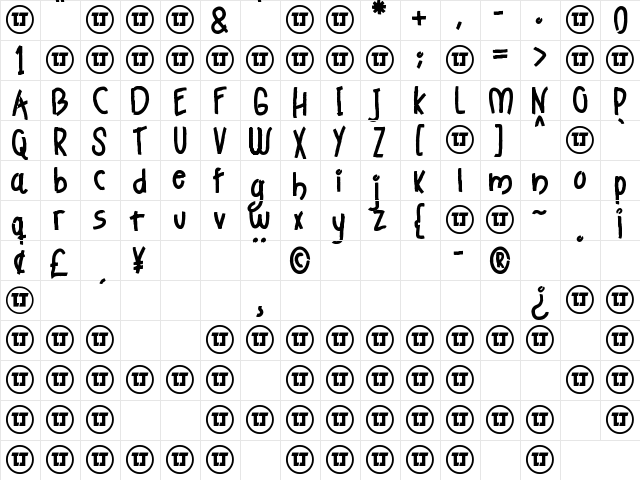 Strong Heart Regular  glyph index