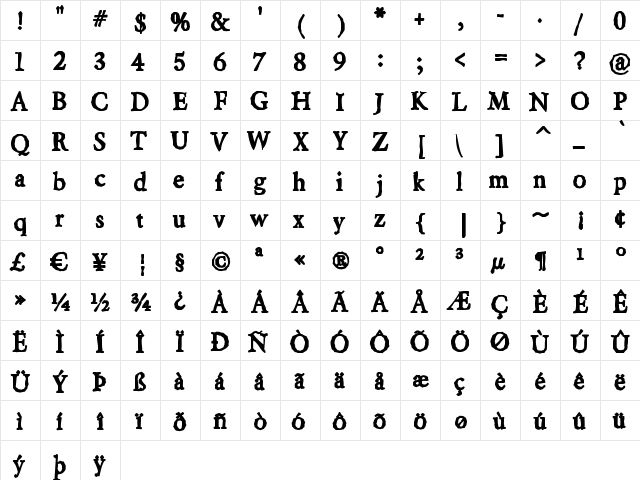 Berylium Ink Regular  glyph index