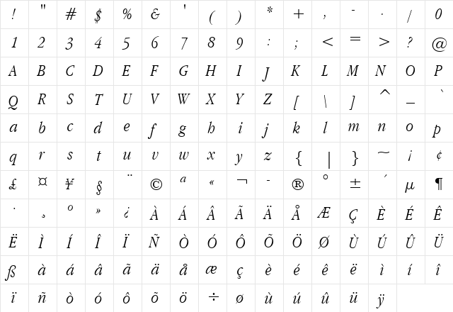 Apple Garamond BT Light Italic  glyph index