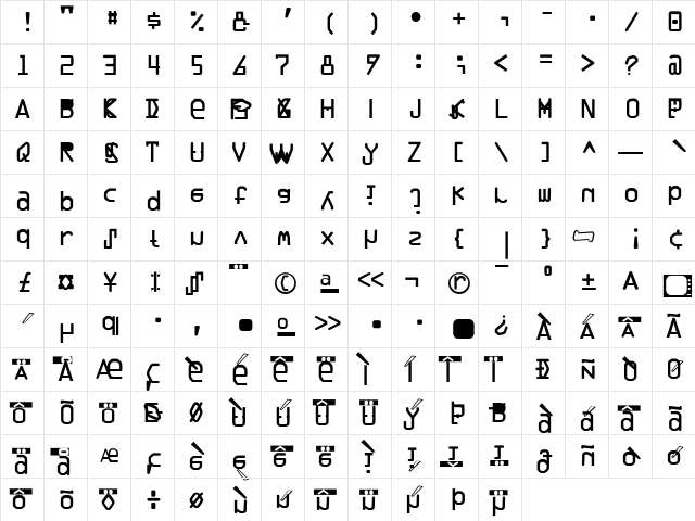 Trade01 Regular  glyph index