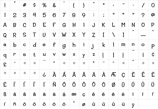 CoopLight Regular  glyph index