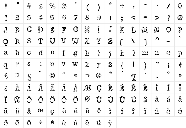 F Regular  glyph index