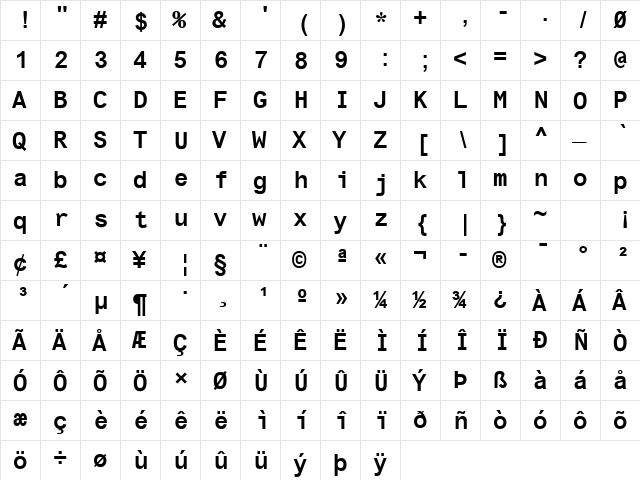 TI Uni Bold  glyph index